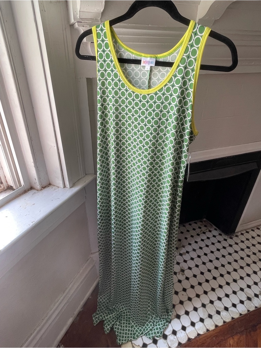 Lula Roe Sleeveless Green Geo-Print Maxi Dress with Yellow Trim Size L